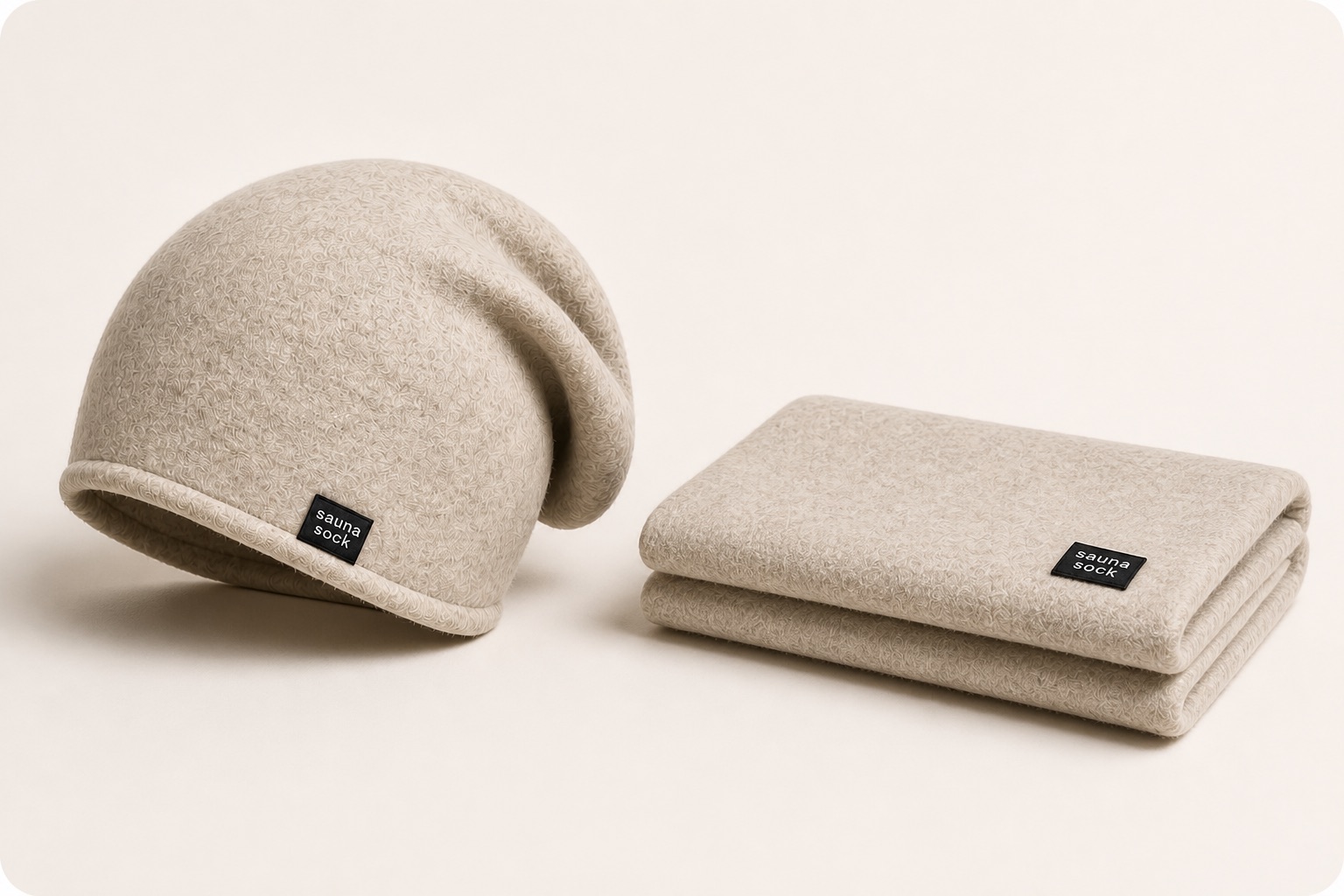 Folded Sauna Seat beside an oatmeal Sauna Sock