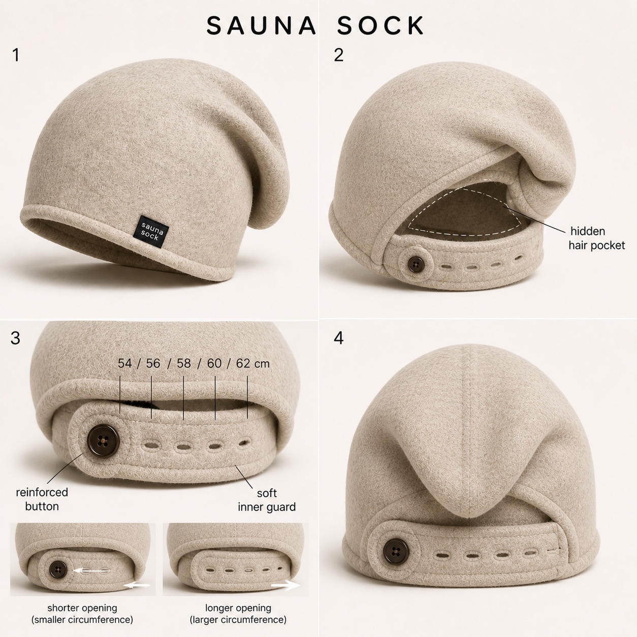 Sauna Sock concept showing its shape, hair pocket and adjustable closure