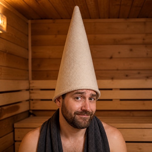 Man wearing an absurdly tall cone-shaped felt sauna hat